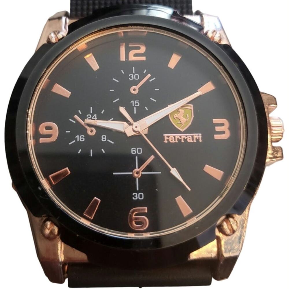 FERRARI Mens Watch Black Gold Nice WITH METAL HORSE